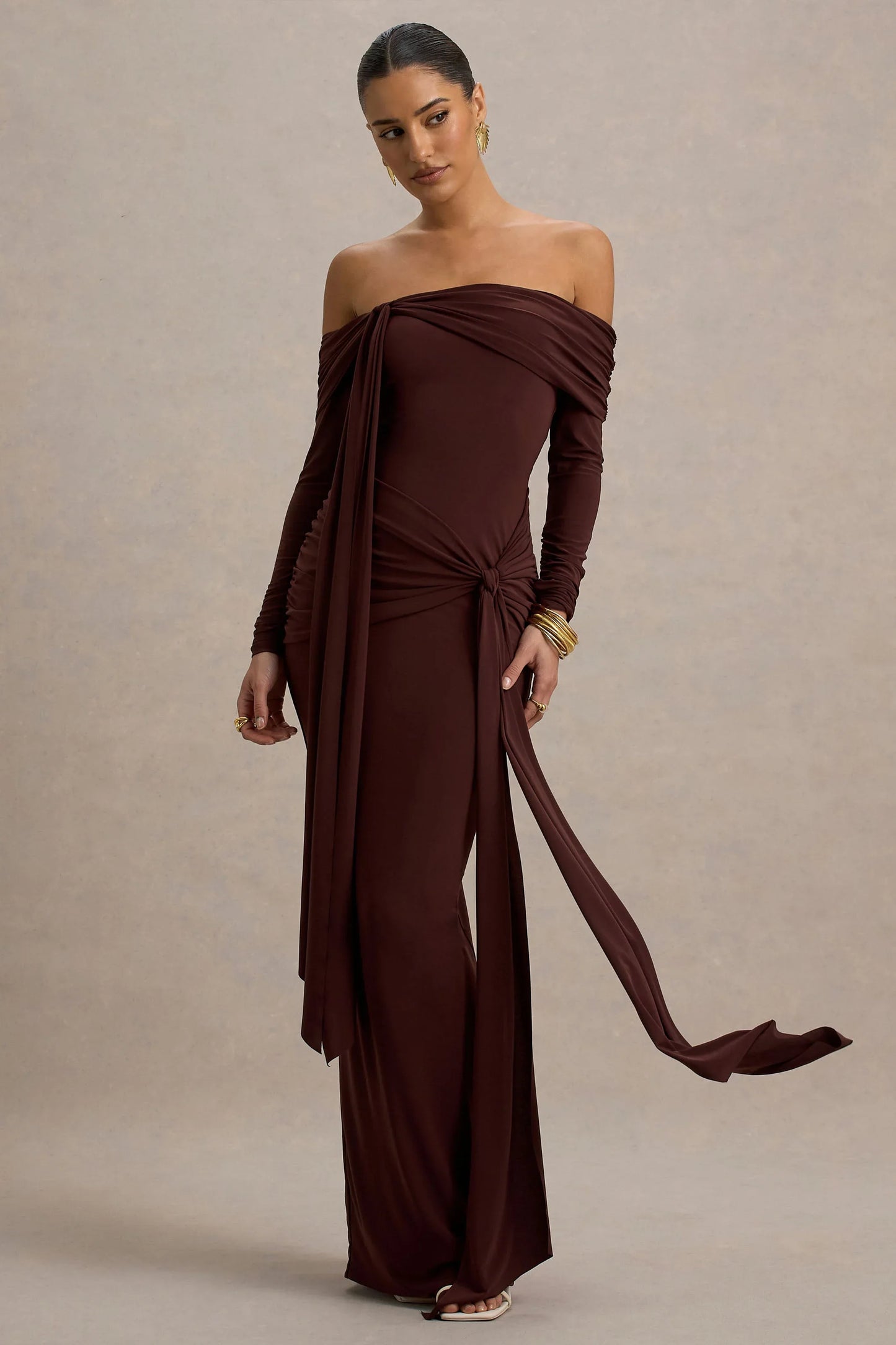 Jovie Brown Bardot Wrap Maxi Dress With Sash Detail