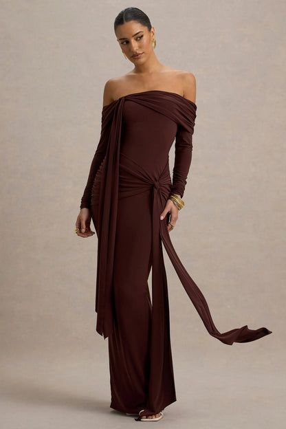 Jovie Brown Bardot Wrap Maxi Dress With Sash Detail