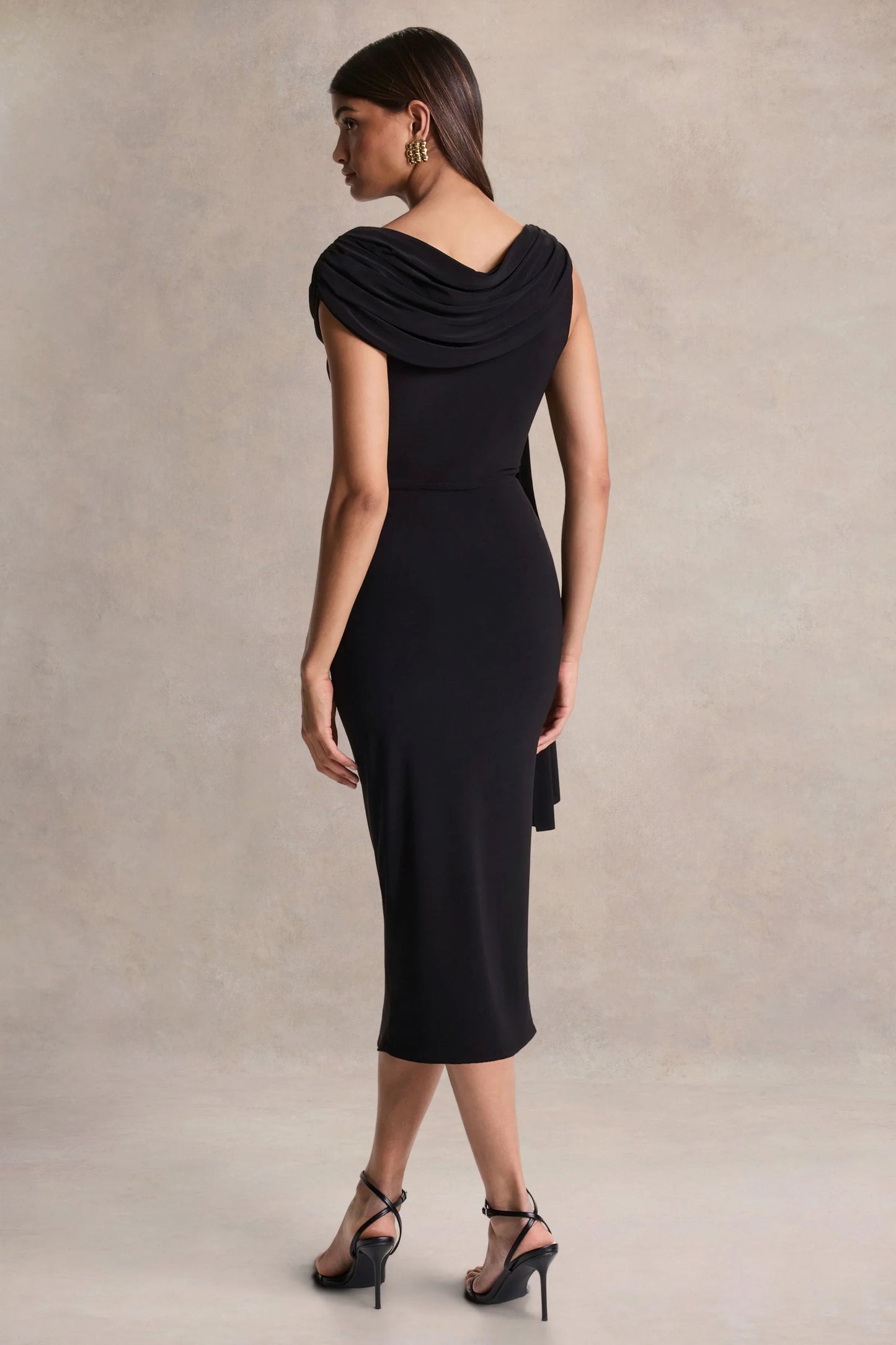 Mirelda Black Asymmetric Neck Midi Dress With Gold Detail