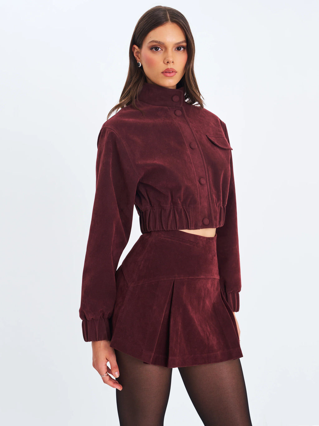 Faryn Mahogany Vegan Suede Pleated A Line Mini Skirt