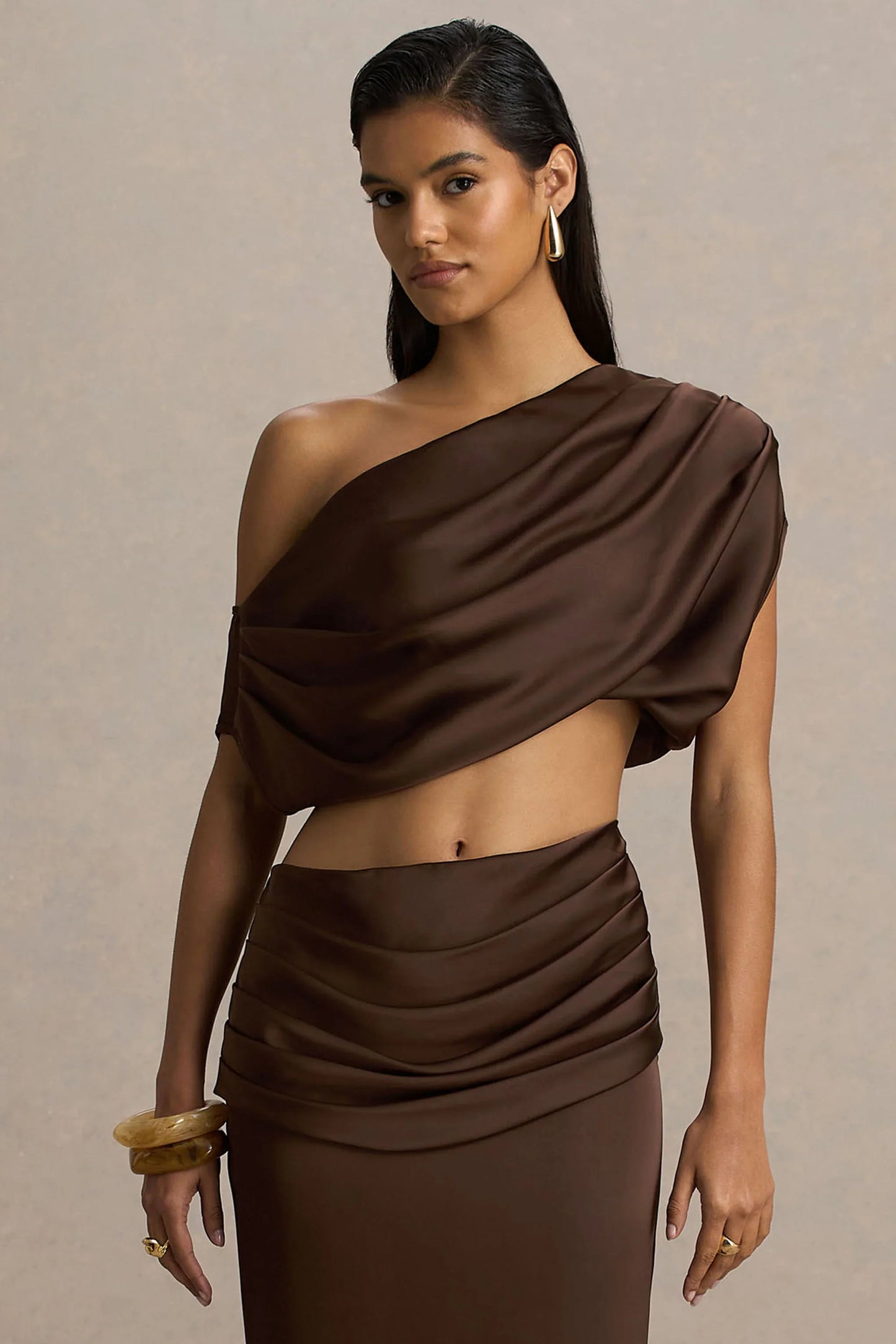 Entrapment Brown Satin Boat Neck Crop Top With Ruched Detailing