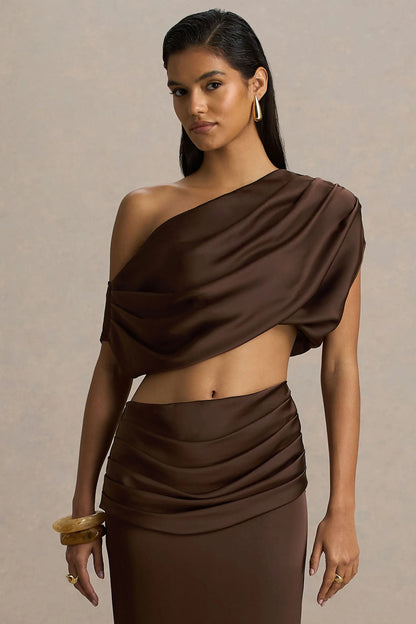 Entrapment Brown Satin Boat Neck Crop Top With Ruched Detailing