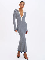 Xelie Navy White Cotton Terry Knit Mermaid Maxi Dress