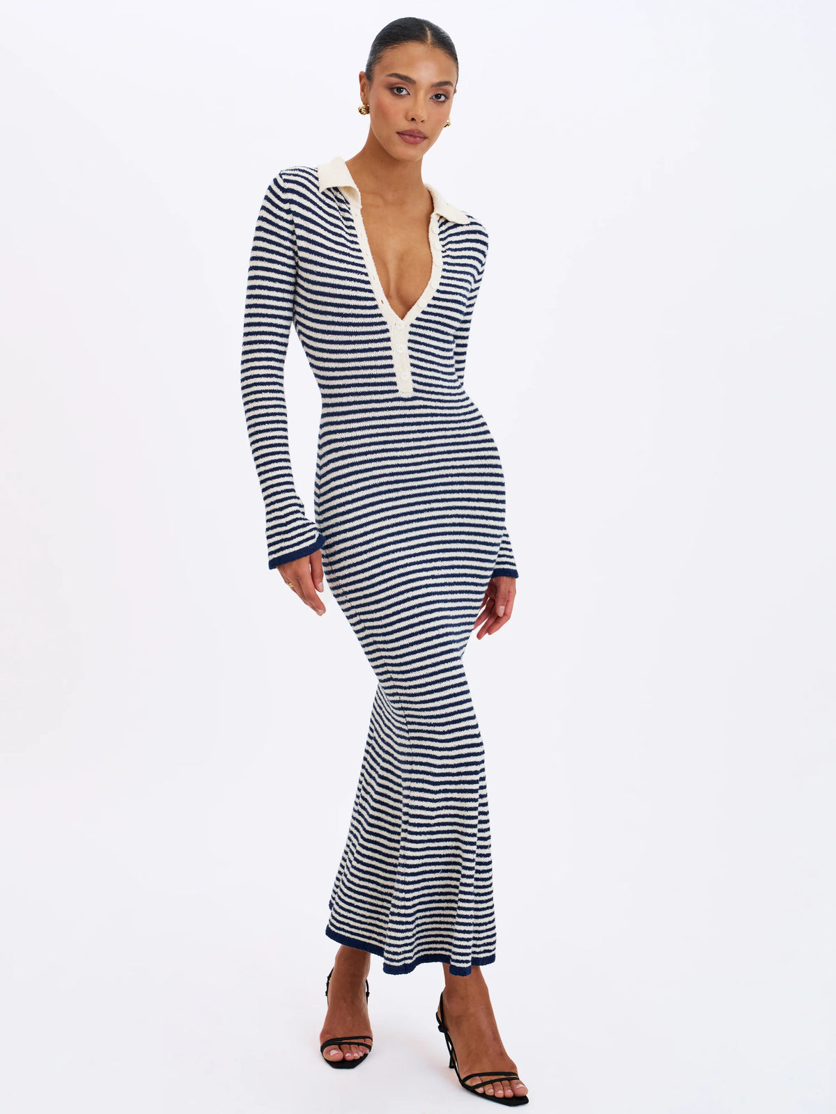 Xelie Navy White Cotton Terry Knit Mermaid Maxi Dress