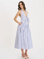 Mackenna Navy Cotton Stripe Halter Smock Back Maxi Dress