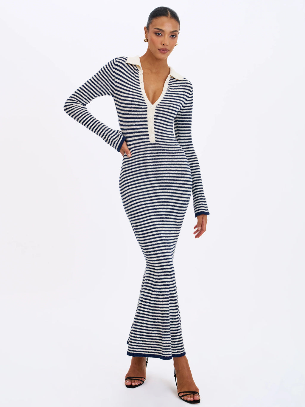 Xelie Navy White Cotton Terry Knit Mermaid Maxi Dress