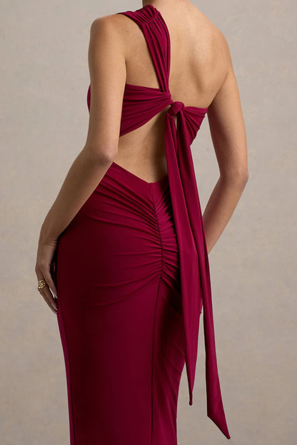 Venetia Burgundy One Shoulder Tie Back Maxi Dress