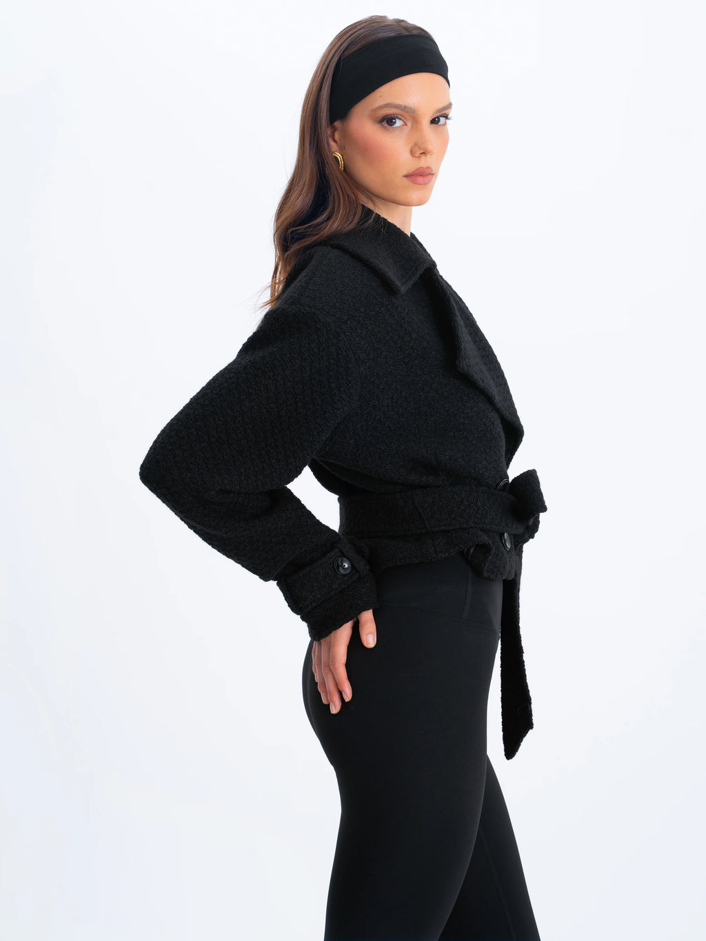 Dara Black Wool Blend Cropped Double Breasted Belted Coat