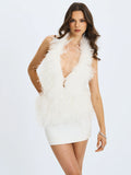 Quisten White Feathered Plunging Halter Mini Dress