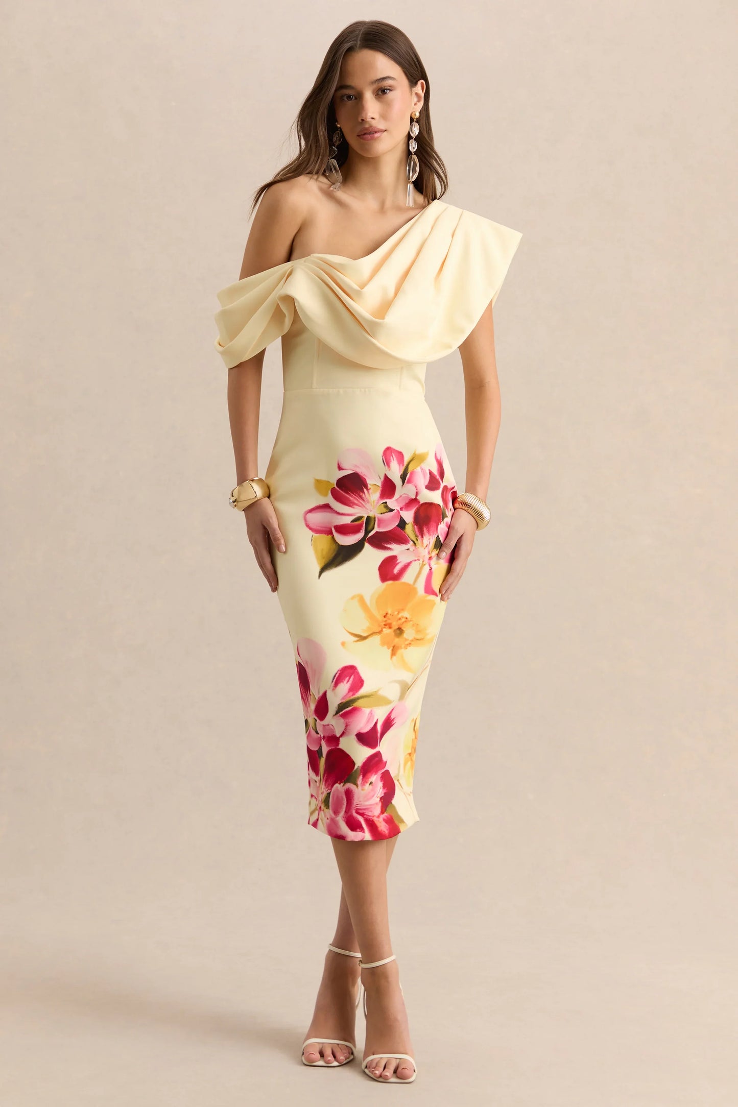Adrina Hot Pink Lemon Floral Print Draped One Shoulder Midi Dress