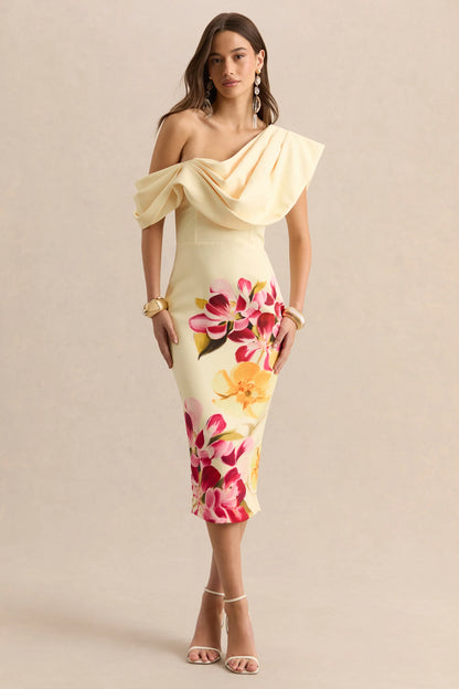 Adrina Hot Pink Lemon Floral Print Draped One Shoulder Midi Dress
