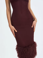 Pluma Maroon Halter Faux Fur Trimmed Midi Dress