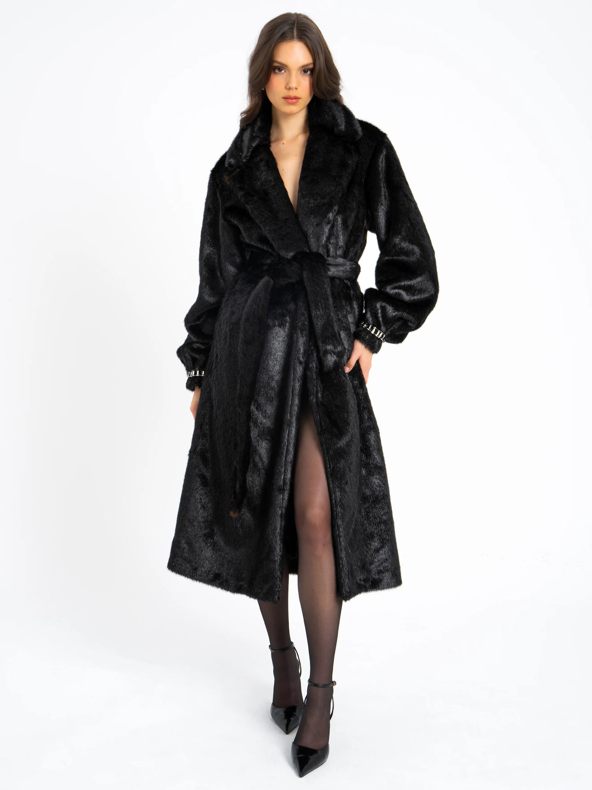 Yahia Black Vegan Long Faux Mink Coat Archive Sale