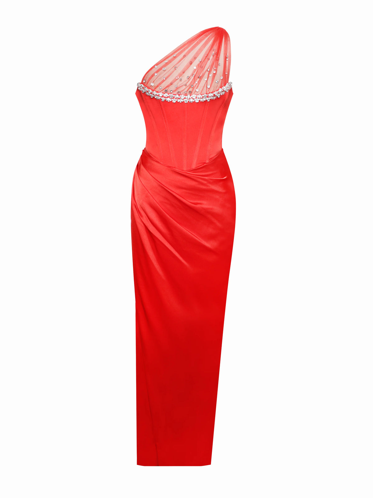 Lora Scarlet Crystal Embellished Mesh Satin Corset Gown Archive Sale