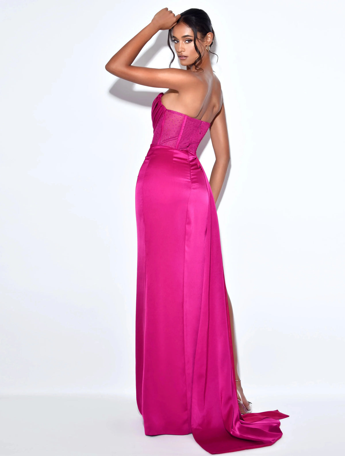 Holly Fuchsia Crystallized Corset High Slit Satin Gown Archive Sale