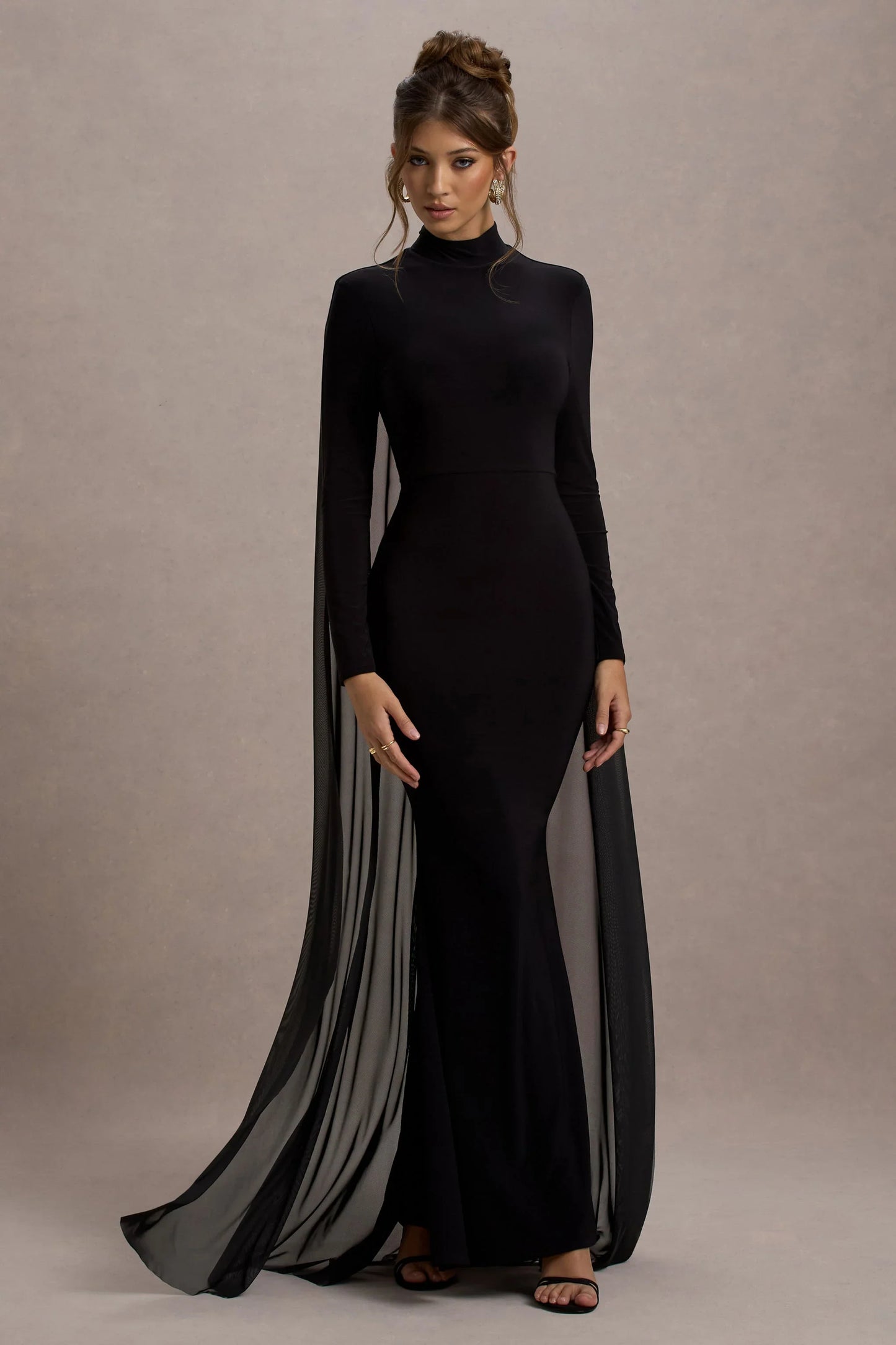 La Nuit Black High Neck Long Sleeve Maxi Dress With Cape