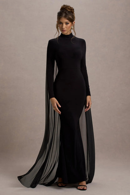 La Nuit Black High Neck Long Sleeve Maxi Dress With Cape