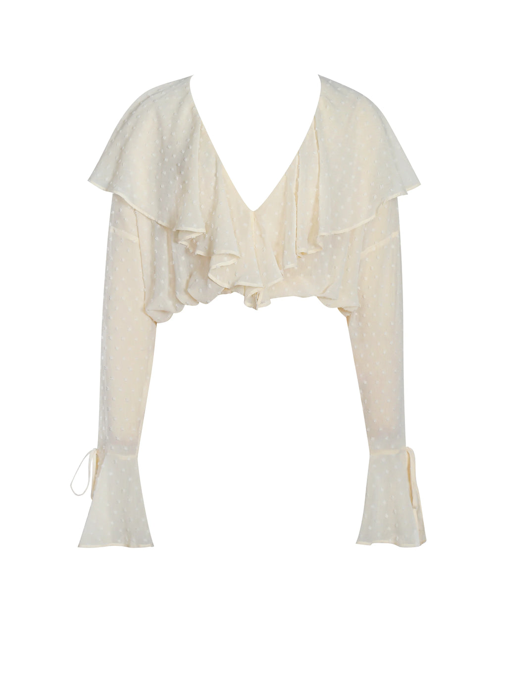Magali Beige Dotted Mesh Ruffle V Collar Top