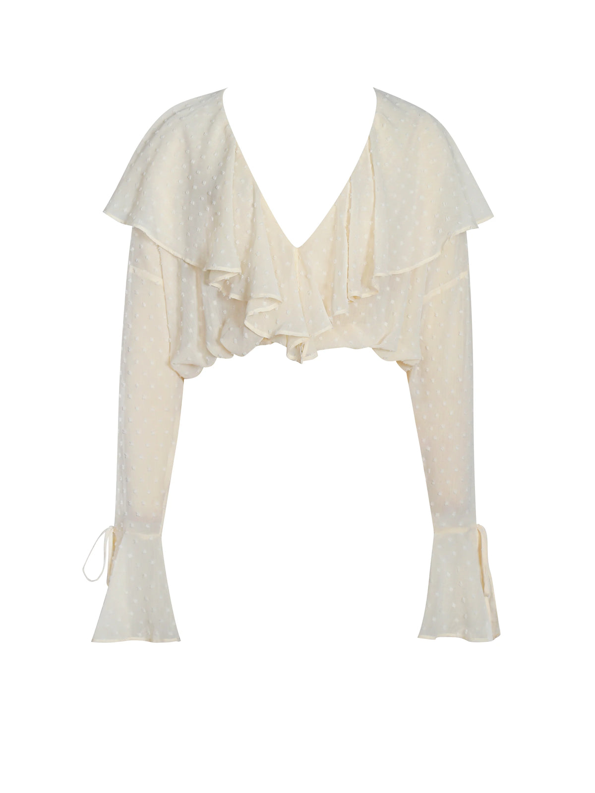 Magali Beige Dotted Mesh Ruffle V Collar Top