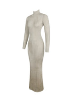 Shay Gold Stretch Knit Backless Long Sleeve Maxi Dress