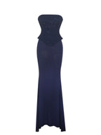 Orabelle Navy Beaded Peplum Mermaid Maxi Gown with Lace up Back