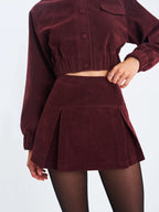 Faryn Mahogany Vegan Suede Pleated A Line Mini Skirt