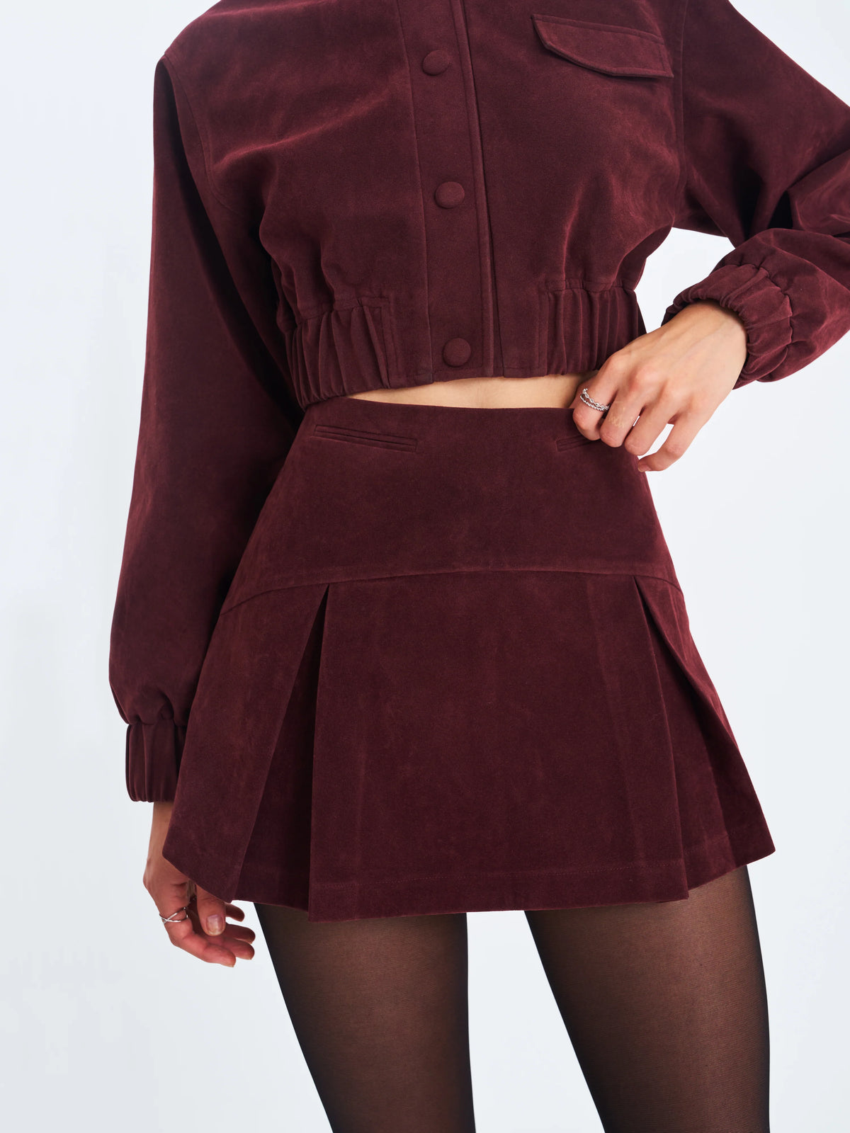 Faryn Mahogany Vegan Suede Pleated A Line Mini Skirt