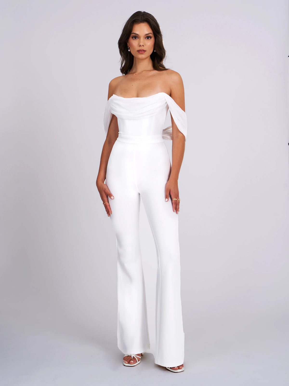 Sherlyn White Off Shoulder Flared Crepe Jumpsuit Archive Sale