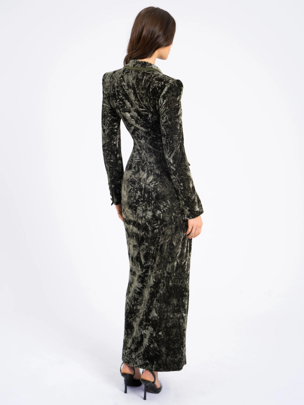 Willow Green Glossy Velvet High Slit Blazer Gown Archive Sale