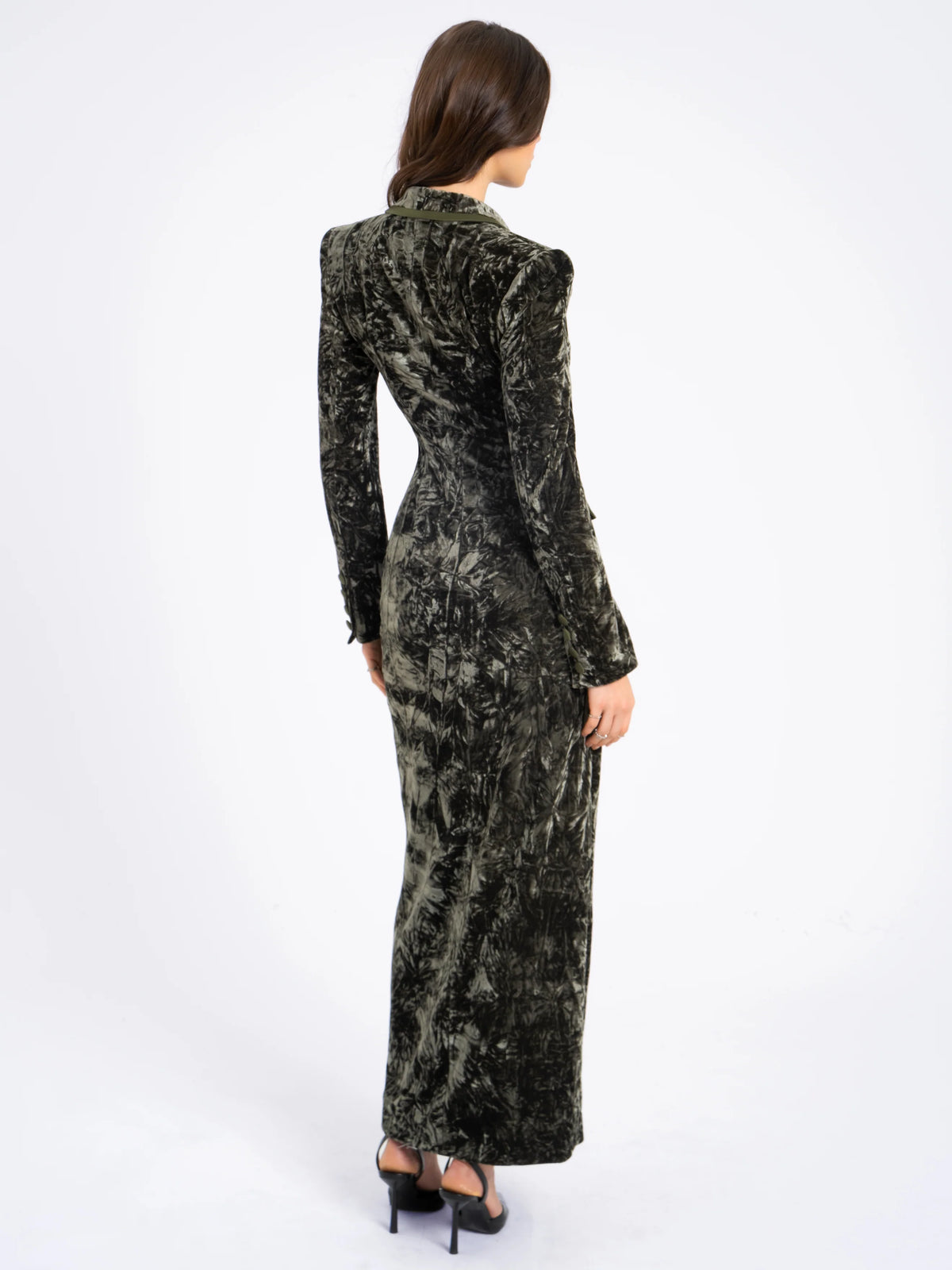 Willow Green Glossy Velvet High Slit Blazer Gown Archive Sale