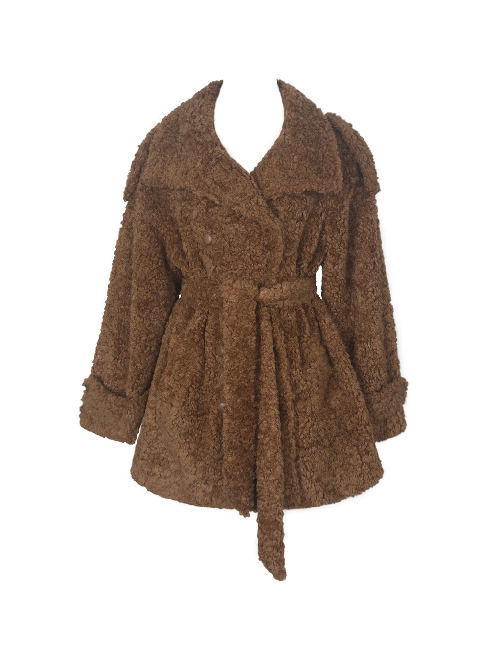 Marlow Chestnut Teddy Fur Funnel Collar Belted Mini Coat
