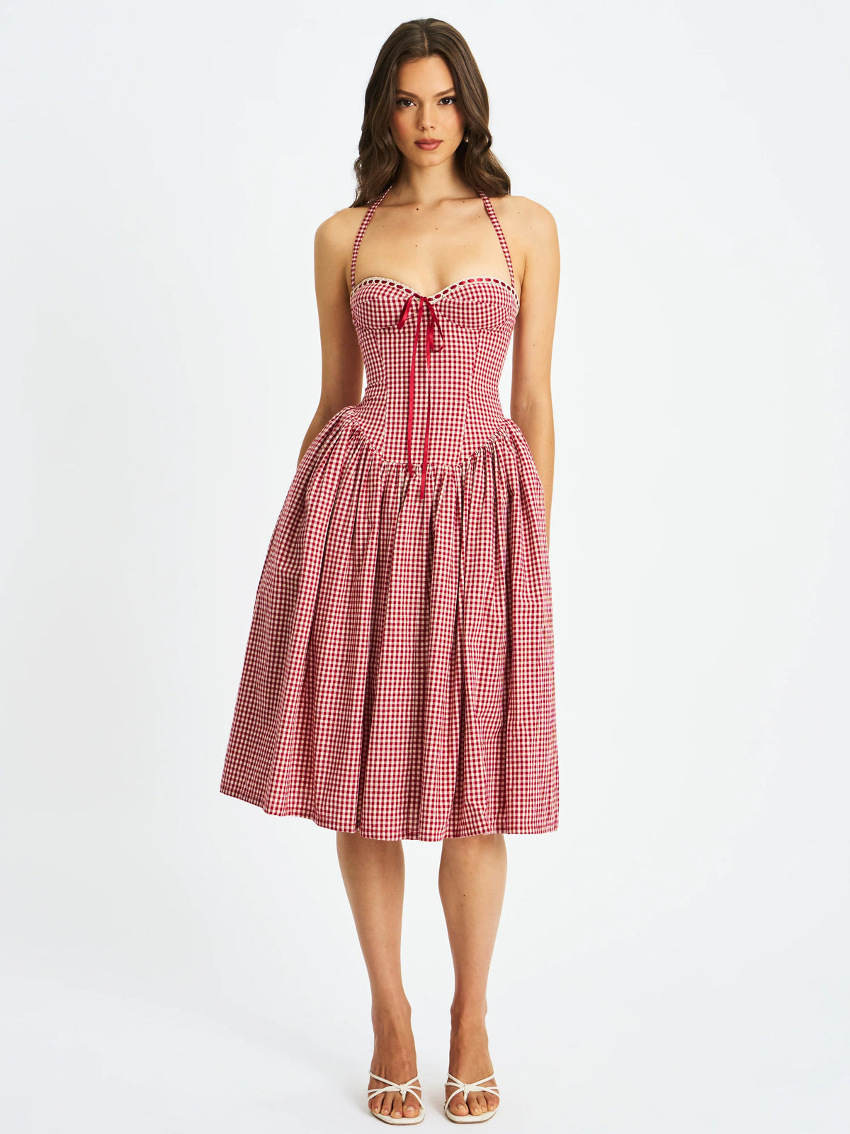 Susanna Red Cotton Gingham Drop Waist Midi Dress