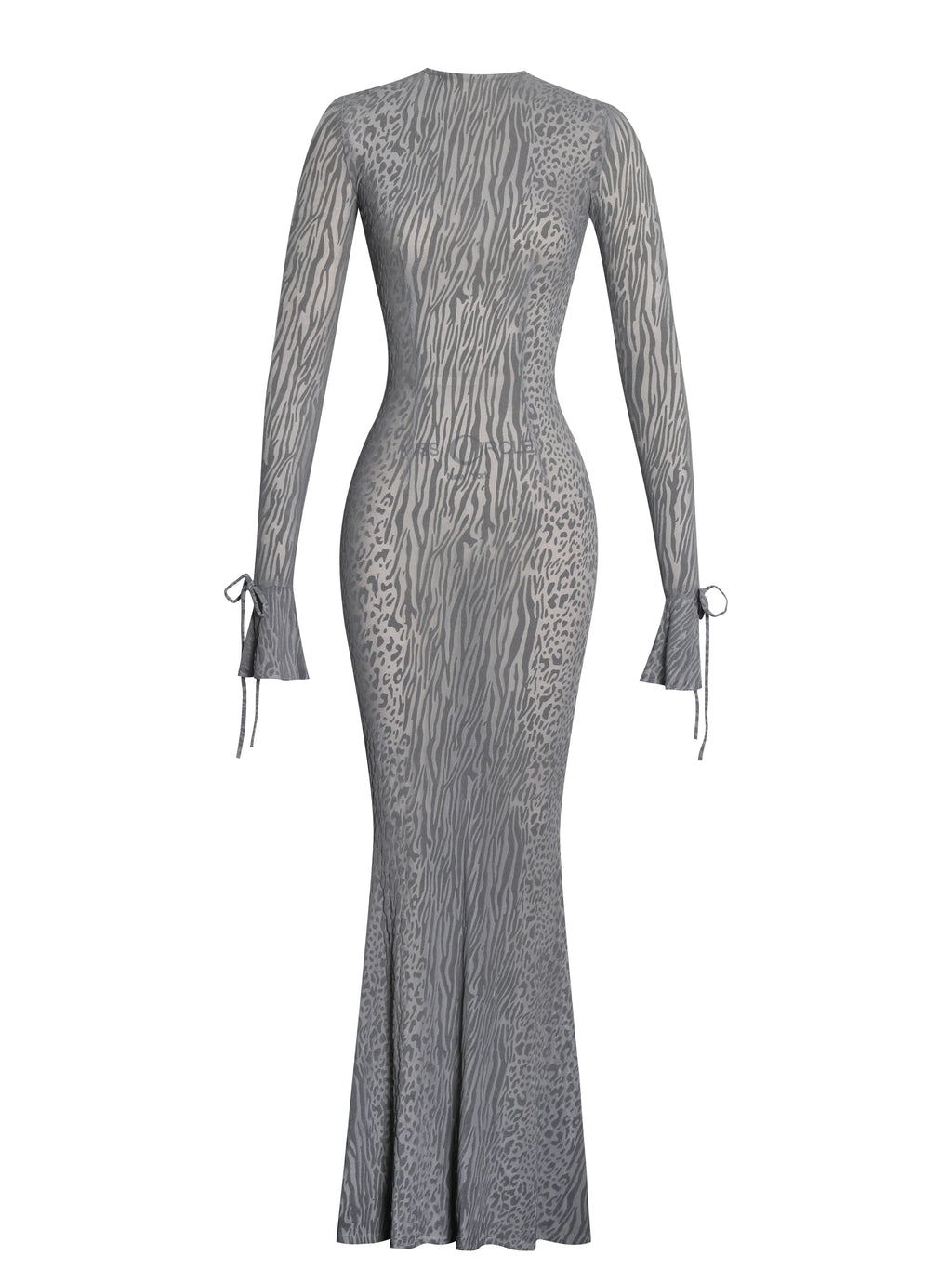 Waylynn Gray Animal Print Burnout Velvet Detail Mesh Backless Maxi Dress