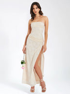 Xatia Off White Jacquard Textured High Slit Maxi Dress