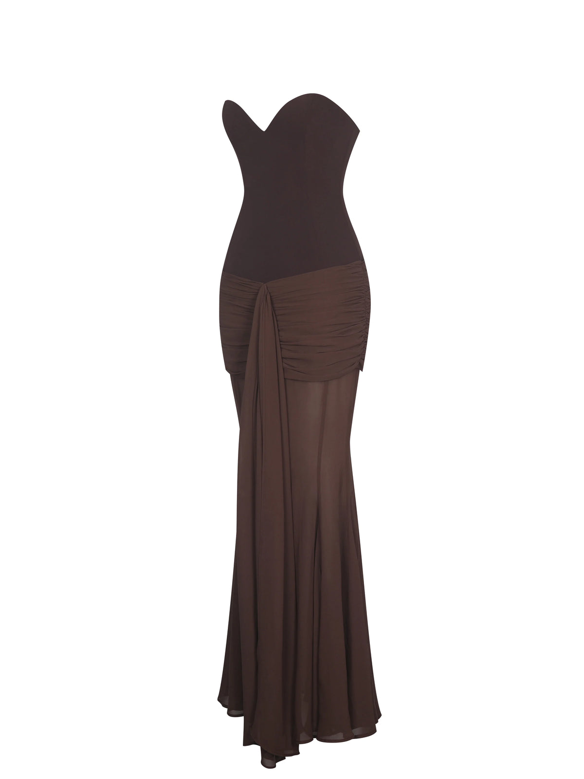 Giovana Espresso Sweetheart Draped Mesh Mermaid Maxi Dress