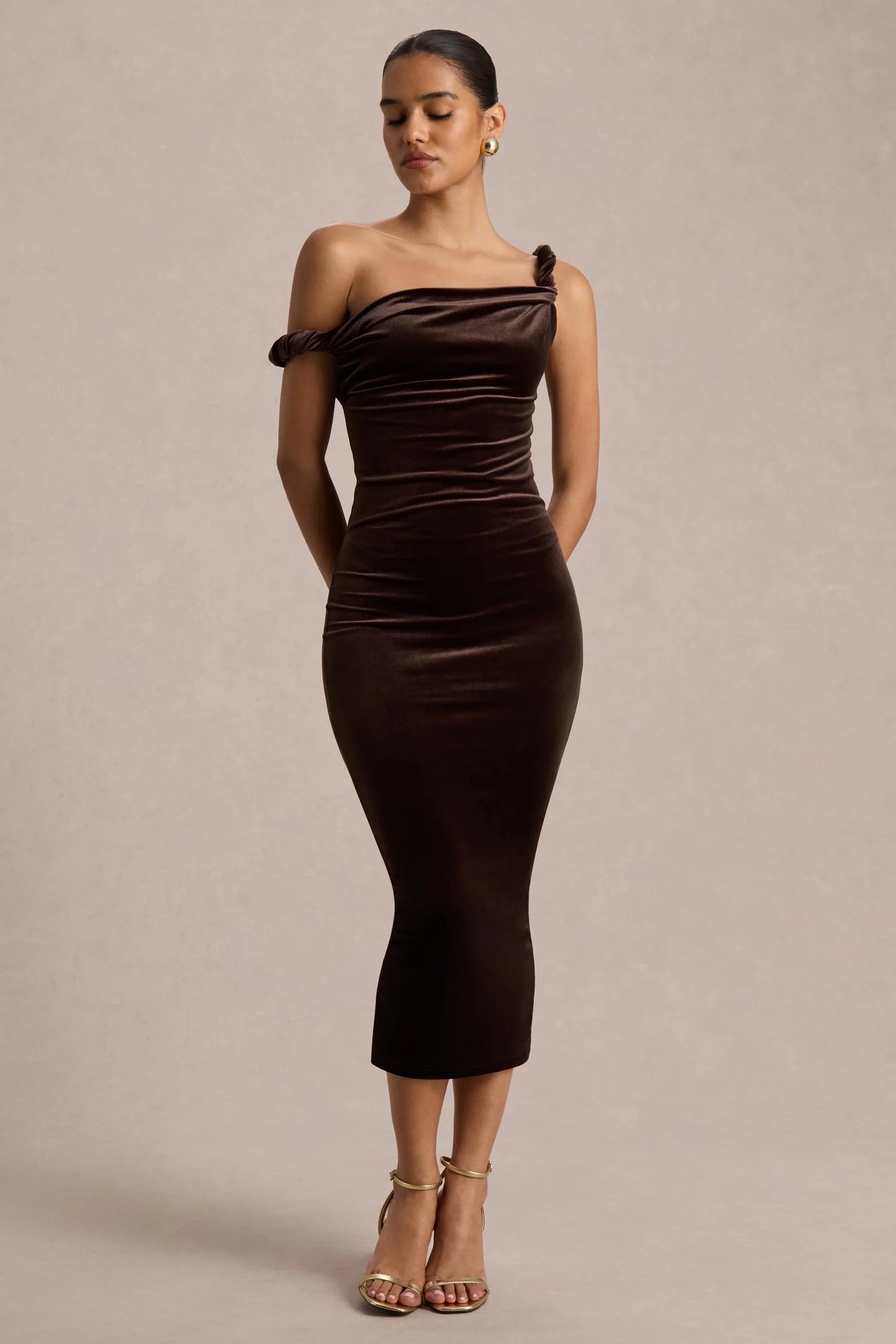 Carella Brown Velvet Twisted Asymmetric Midi Dress