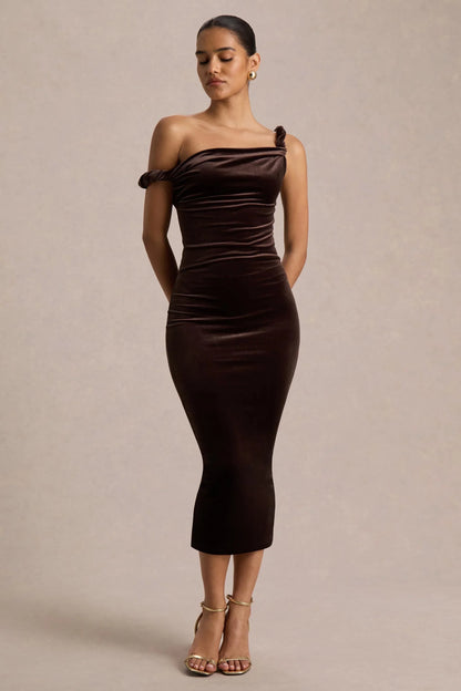 Carella Brown Velvet Twisted Asymmetric Midi Dress
