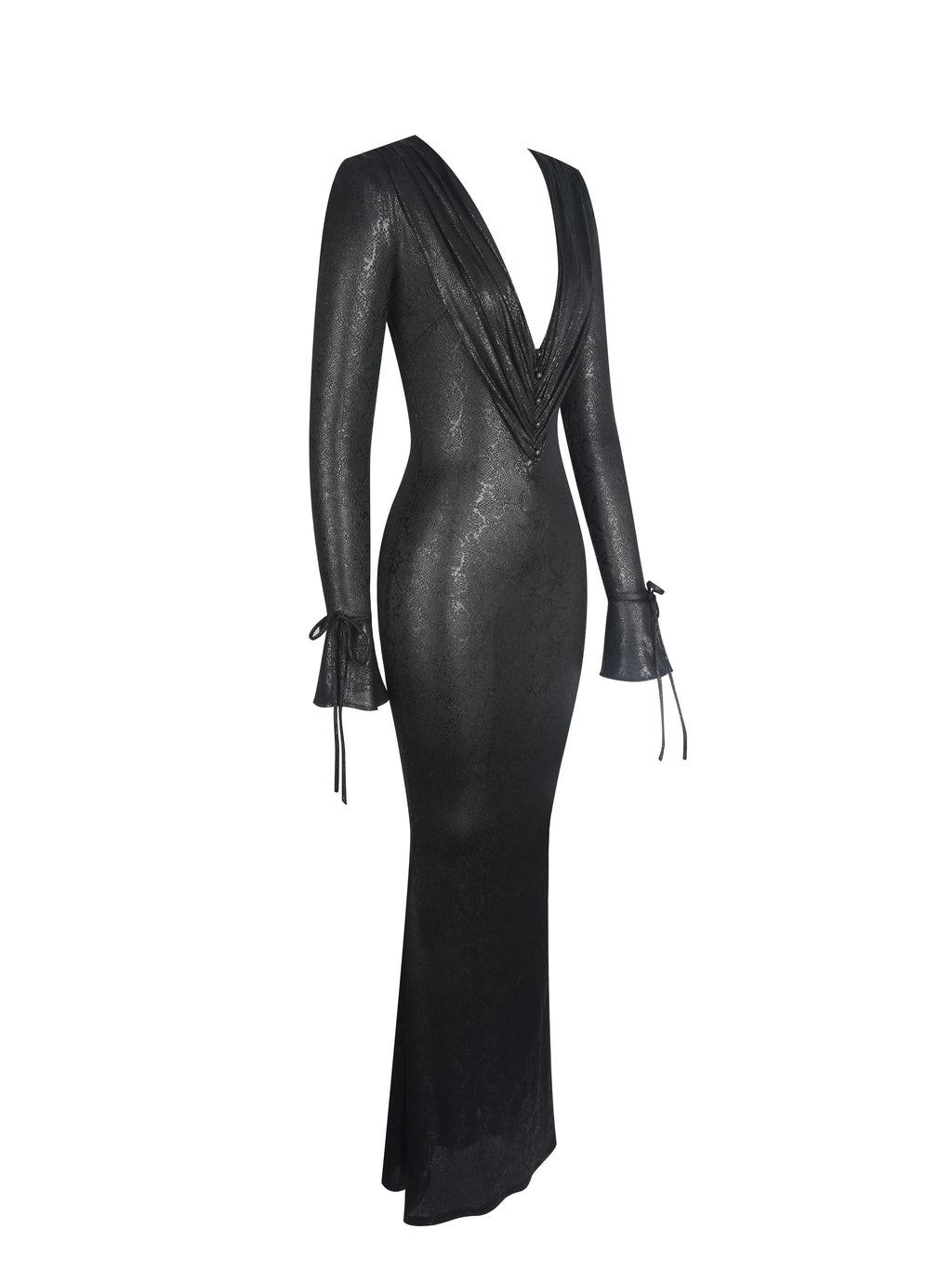 Ilysia Black V Neck Plunge Snakeskin Mermaid Hem Maxi Dress