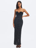 Preslie Black Satin Crystal Mesh Sheath Maxi Dress