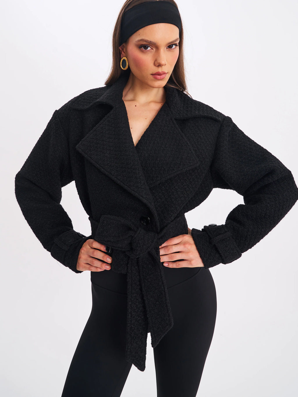 Dara Black Wool Blend Cropped Double Breasted Belted Coat