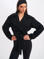 Dara Black Wool Blend Cropped Double Breasted Belted Coat