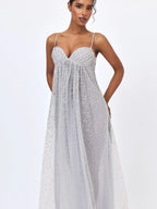 Wallie Silver Rhinestone Embellished Mesh Backless Gown