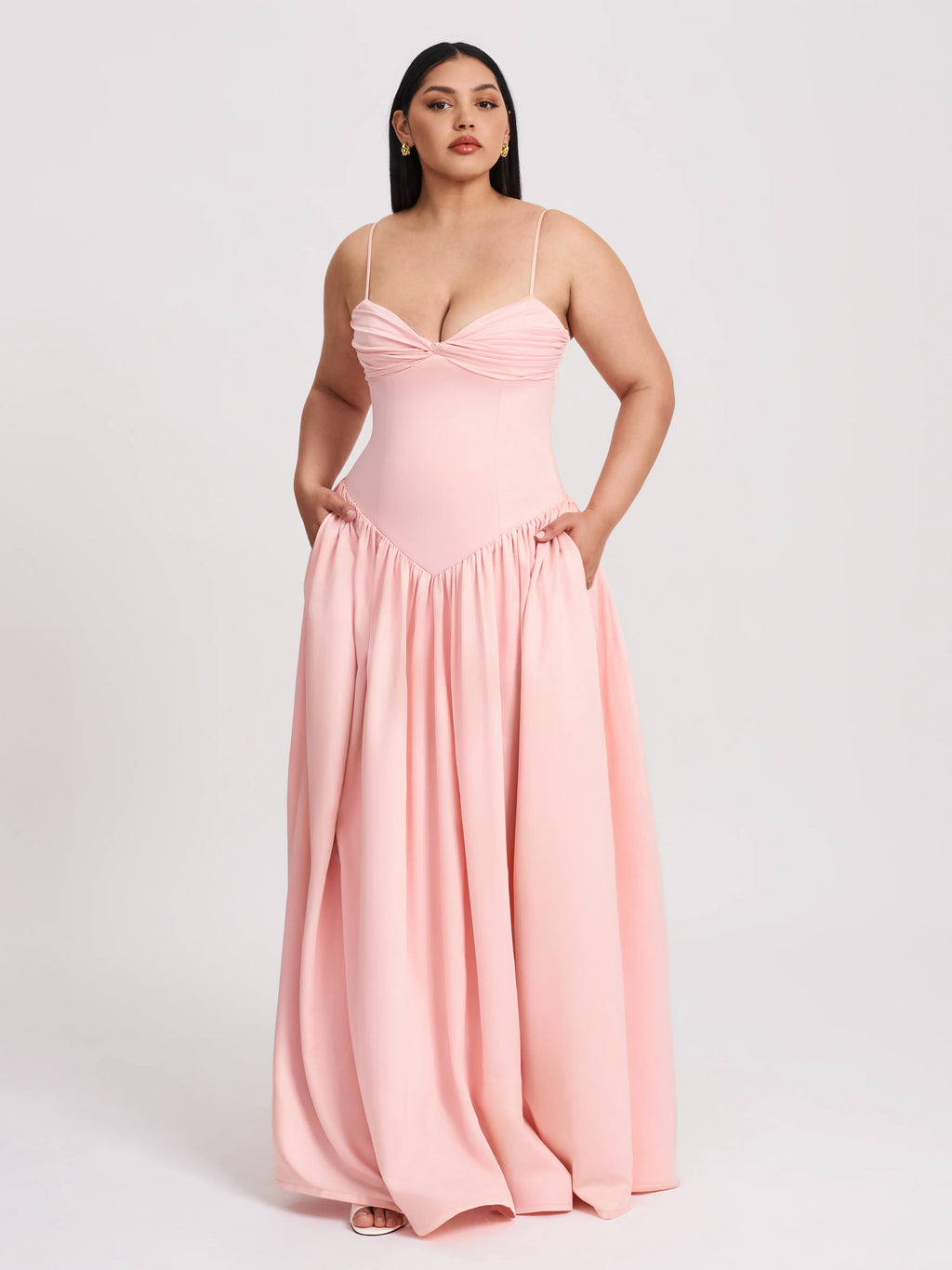 Najwa Baby Pink Ruched Breast Drop Waist Maxi Dress