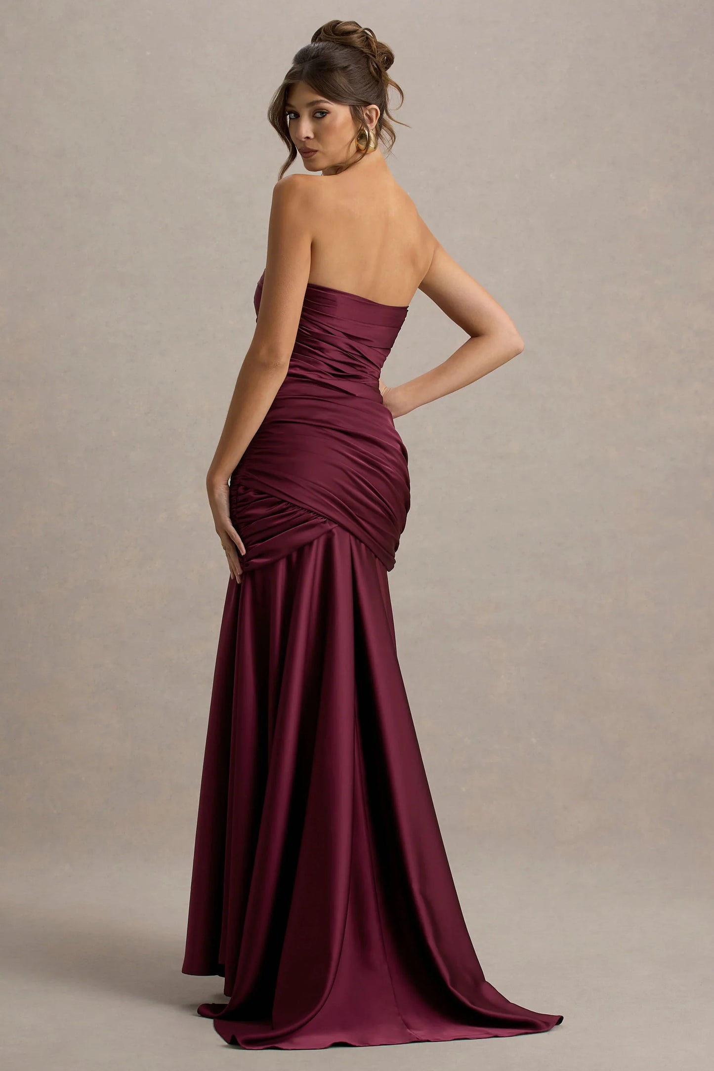 Cassidy Burgundy Satin Bandeau Gathered Maxi Dress