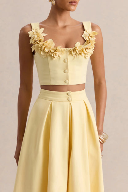 Caprielle Lemon Scoop Neck Crop Top With Corsage Detailing