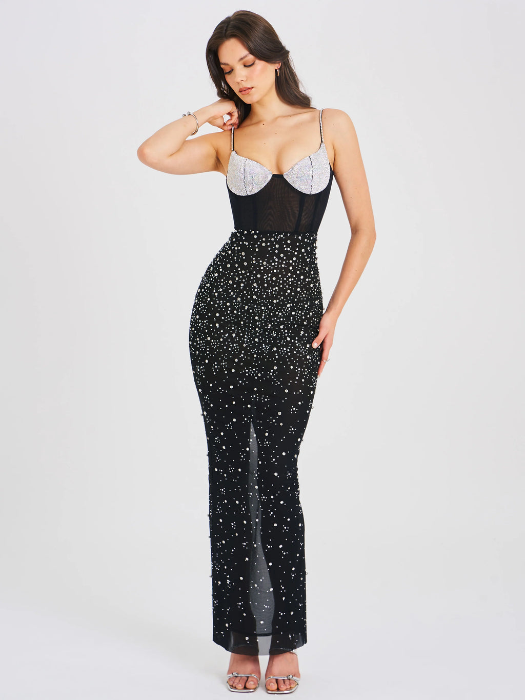 Jimena Crystal Embellished Back Slit Maxi Dress Archive Sale