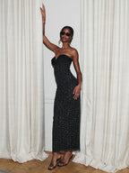 Preslie Black Satin Crystal Mesh Sheath Maxi Dress