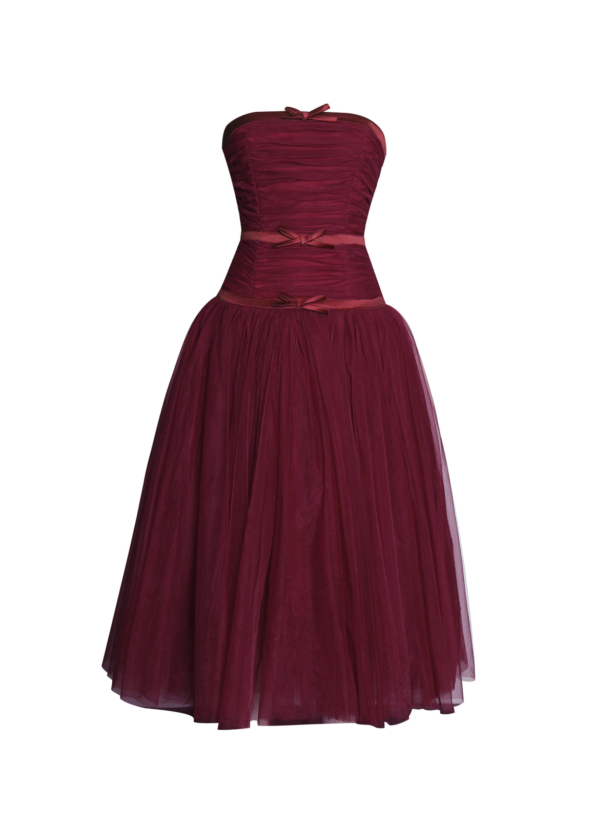 Mabel Burgundy Drop Waist Layered Mesh Midi Puffy Dress with Bow