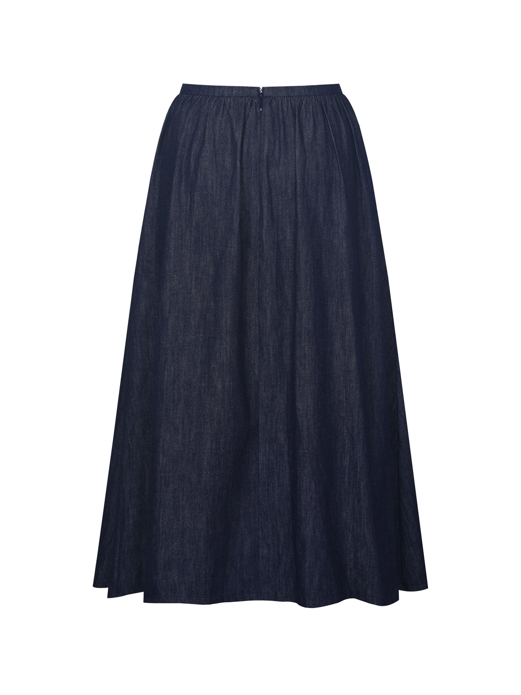 Maevie Indigo Denim Gathered A Line Midi Skirt