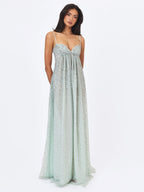 Wallie Mint Rhinestone Embellished Mesh Backless Gown